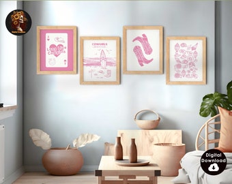 May include: Set of four pink and white printable wall art prints with a western theme. The prints feature a playing card with the text "Long Live Cowgirls", a surfboard with the text "Cowgirls Beach Club", a pair of cowboy boots, and a collection of seashells.
