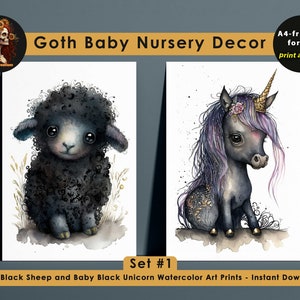 Goth Baby Nursery Decor. Baby Black Sheep and Unicorn Watercolor Art Prints