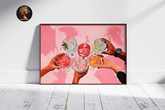 Pink Cheers Cocktail Art Print: Retro Bar Cart Decor (Digital Download)