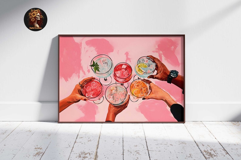 pink cheers print, bar cart print, bar cart decor, bar cart art, cheers sign, drink wall art, bar cart wall art, cocktail art print, girly wall art, retro wall art, horizontal wall art, large wall art, Aesthetic pink Cute