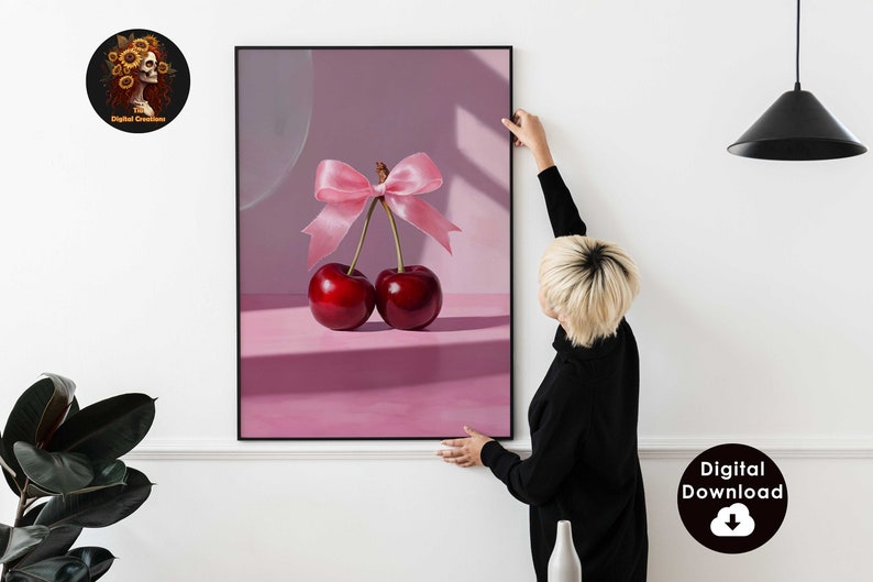 Coquette Pink Bow Cherry Wall Art College Apartment