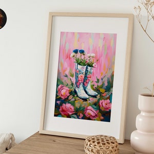 Cowgirl boots printable art, neutral floral Western nursery wall art print, coastal cowgirl aesthetic poster, dorm Boho digital download
