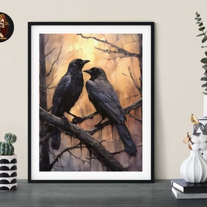Raven Couple in Dark Forest Wall Art Print Vintage Dark Cottagecore Wildlife Painting Gothic Decor Dark Academia Artwork Retro Art PRINTABLE