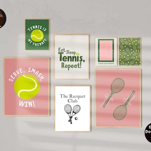 Trendy Tennis Prints Country Club Aesthetic Decor Tennis Racket Print Cute Sports Posters Preppy Wall Art Digital Download Set of 7