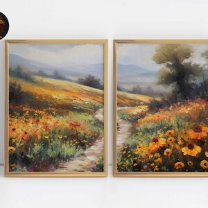 Vintage Wandkunst Gedämpfte Landschaft Bauernhaus Drucke. 2er Set Digital Fine Art. Wildblumen Landschaftsmalerei. Neutral Country Wandkunst.