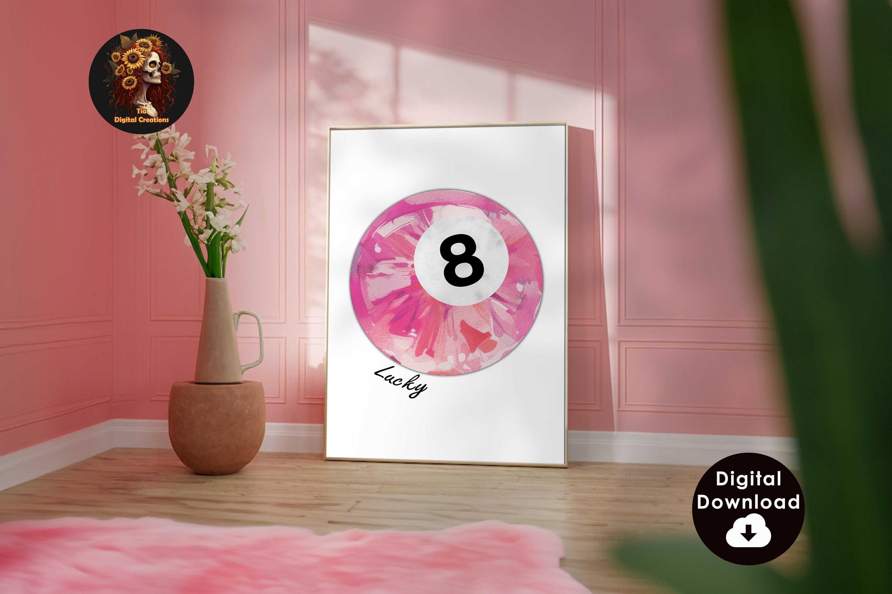Vintage Pool Ball Print Lucky 8 Ball Wand Kunst Retro Handgezeichnetes Poster Rosa Pool Ball Poster Trend 70's Digitale Kunst Drucke druckbares Zitat