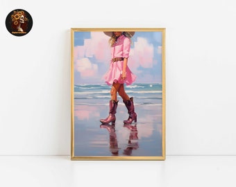 Pink Beach Cowgirl Print: Retro Western Art (Digital Download)