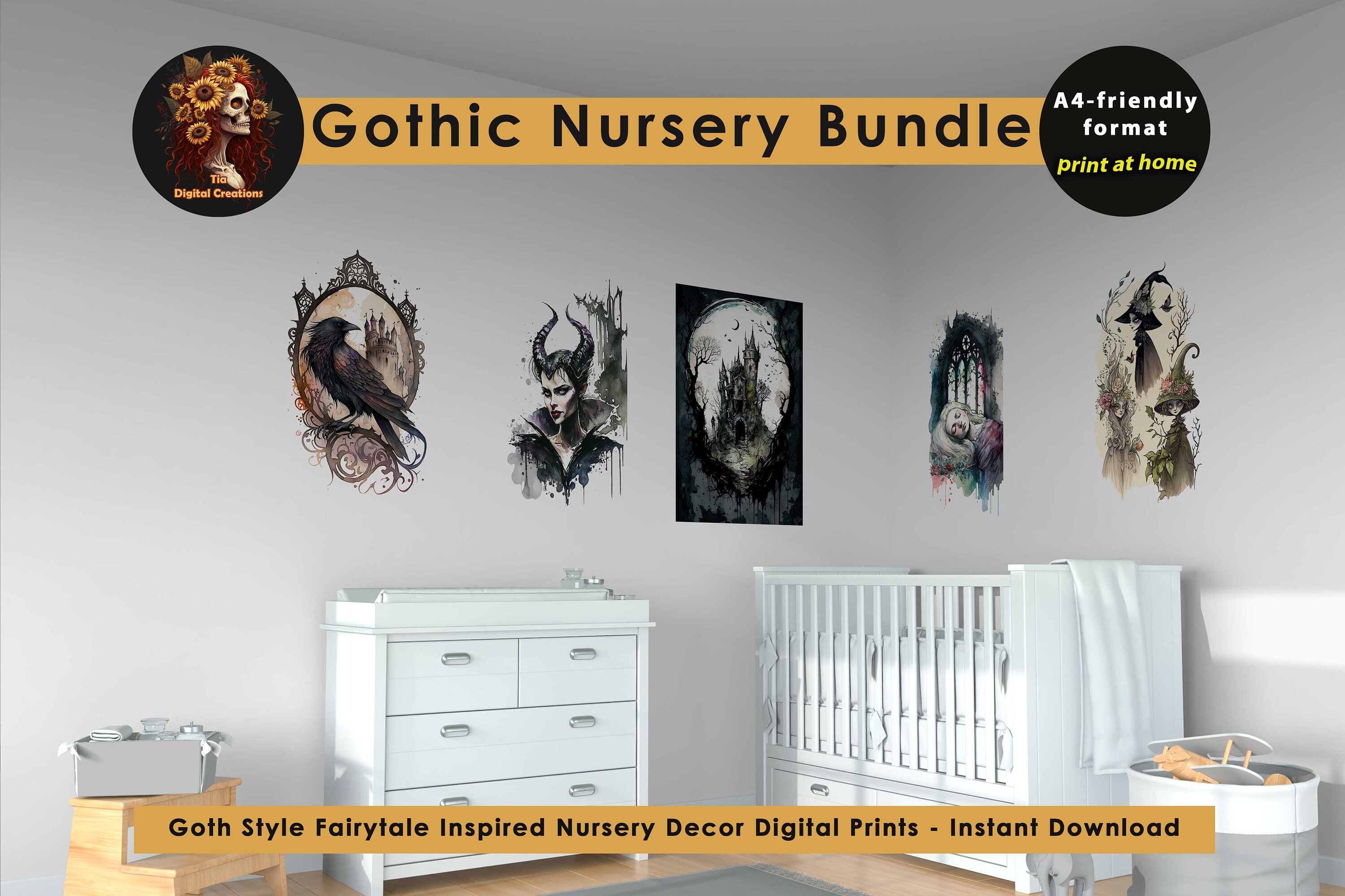 Gothic Nursery Decor Set of 5 Prints. Whimsigoth Fairytale Inspired