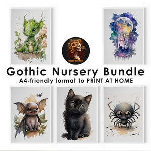 Gothic Nursery Decor Set Of 5 Prints. Whimsical Baby Animal Illustrations. Instant Download.