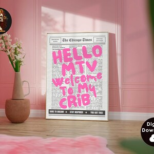 70s aesthetic poster, aesthetic wall art, digital prints, Hi Hello MTV, Hi MTV print, pink instant download, newspaper print, printable wall art, dorm room decor, retro newspaper, retro wall art, trendy 70's wall art, welcome to my crib