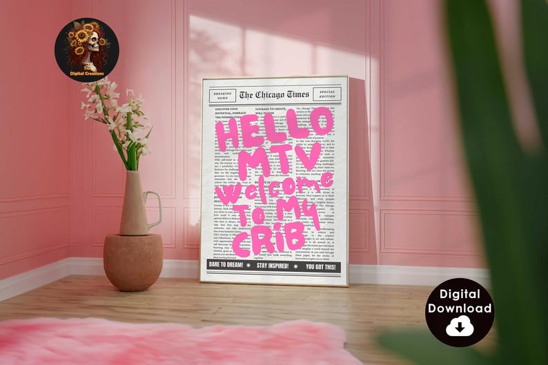 70s aesthetic poster, aesthetic wall art, digital prints, Hi Hello MTV, Hi MTV print, pink instant download, newspaper print, printable wall art, dorm room decor, retro newspaper, retro wall art, trendy 70's wall art, welcome to my crib