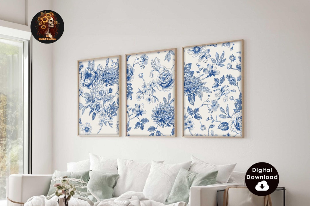 Blue Botanical Chinoiserie Wall Art 3 Piece Decor Minimalist Prints ...