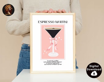 May include: A printable digital download of an espresso martini recipe card. The card features a pink background with a martini glass filled with a black espresso martini. The text "ESPRESSO MARTINI" is at the top of the card, and the ingredients are listed below the image.