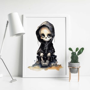 Goth Baby Skelett Aquarell Kunst. Whimsigoth Spooky Mom, Schwarz Kinderzimmer Drucke. Alternative Babysachen. Goth Baby Shower und Halloween Dekor