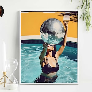 Retro Disco Ball Print, Funky Cocktail at Pool Poster, Eclectic 70s Art Photo, Luxury Mirrorball Wall Art, Modern Home Decor