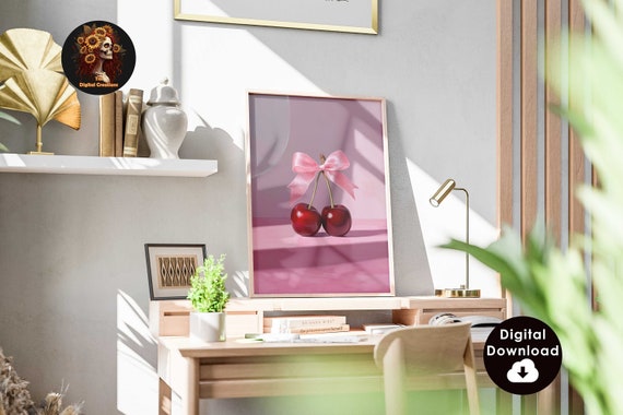 Cherry Wall Art Print Printable Feminine Poster | Coquette Pink Bow Soft Girl Bedroom Decor Trendy Wall Art | Preppy College Apartment Print