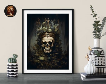 Spooky Season's Must-Have: Vintage Skull Crown Art Print. Dark Academia Halloween Decor. Digital Download