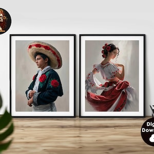 Mexican Art Set of Two Digital Prints, Romantic Mariachi Wall Decor, Southwestern Modern Wall Art, Rustic 2-Panel Mexico Decor for Bedroom