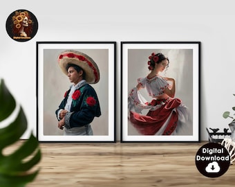 Mexican Art Set of Two Digital Prints, Romantic Mariachi Wall Decor, Southwestern Modern Wall Art, Rustic 2-Panel Mexico Decor for Bedroom