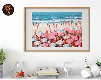 Vintage Beach Print: Abstract Coastal Painting. Trendy Maximalist Wall Art, Pink Preppy Decor. Retro Beach Umbrella, Digital Download Art.