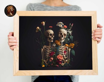 Skeleton Couple Vanitas Art Dark Academia. Botanical Halloween Decor. Digital Download Painting. Flowercore Still Life.