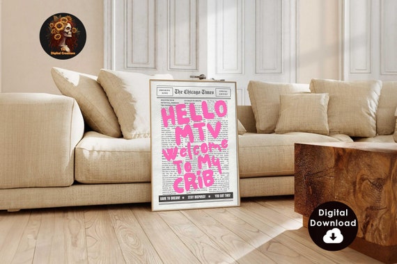 Hello MTV, Welcome to My Crib Print - Typography Poster, Retro Newspaper Print, Trendy Pink Wall Art, Aesthetic Wall Art, Instant Download