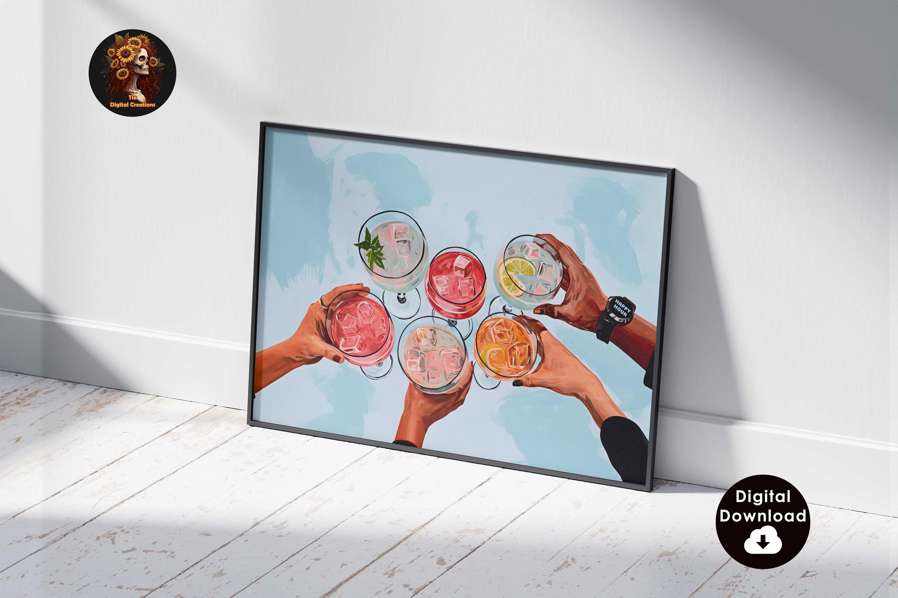 Light Blue Cheers Art Retro Bar Cart Decor Cocktail Print Girly