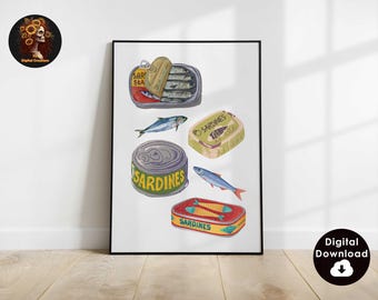 Stampa di set di sardine, arte della parete della cucina, stampa di sardine in latta, arredamento della sala da pranzo, arte alimentare retrò, arredamento della cucina retrò, poster di cibo italiano