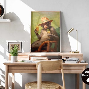 May include: A monkey wearing a straw hat sits in a chair and holds two glasses of juice. The monkey is surrounded by green foliage.