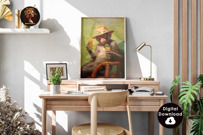 May include: A monkey wearing a straw hat sits in a chair and holds two glasses of juice. The monkey is surrounded by green foliage.