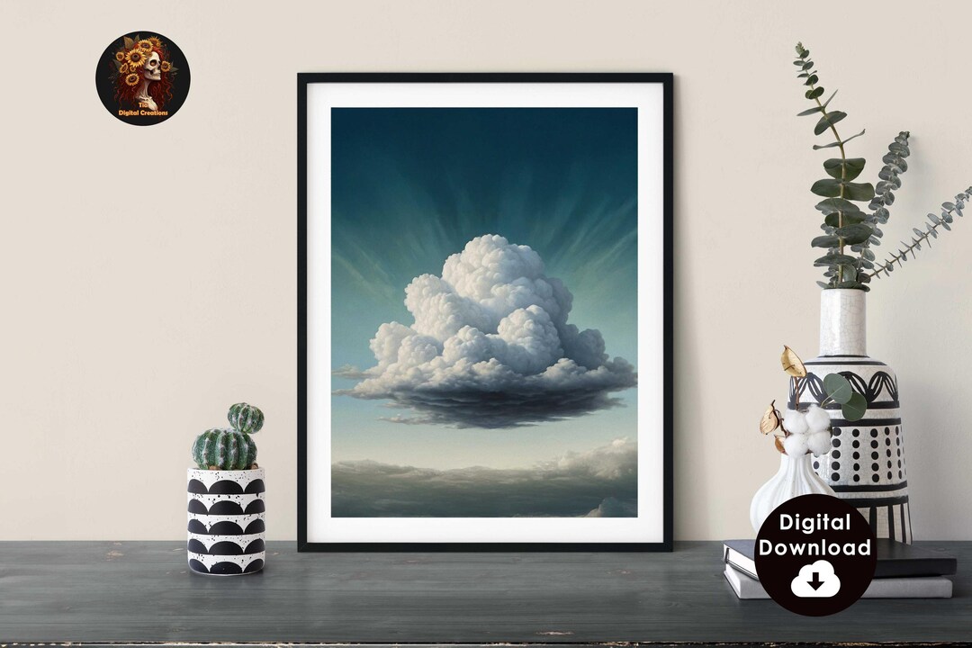Vintage Cloud Art Print, Moody Sky Art, Vintage Antique Art, Dark Teal ...