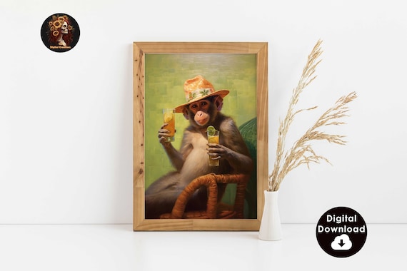 Funny Wall Art | Bar Cart Decor | Alcohol Wall Art | Monkey Painting | Living Room Decor | Bedroom Poster | Kitchen Wall Art Poster