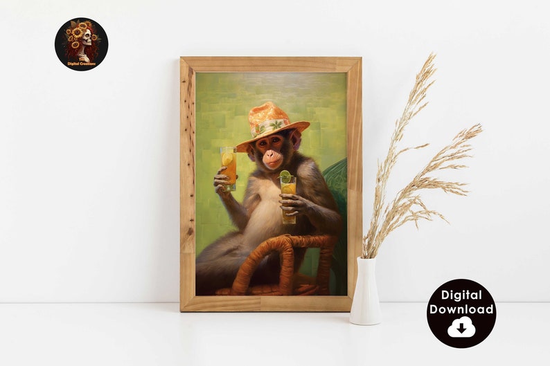 May include: A monkey wearing a straw hat sits in a wicker chair and holds two glasses of orange juice. The monkey is looking at the viewer. The background is a green and yellow color.