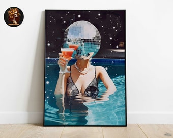 Disco Ball Cocktail Print, Funky Girly Preppy Wall Art (Digital Download)