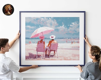 Vintage Beach Print Download: Retro Coastal Oil Painting. Pink Preppy Wall Art, Trendy Girly Decor. Maximalist Summer Art.