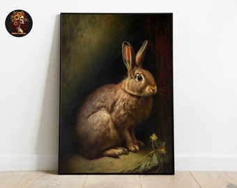 Moody Antique Rabbit Painting, Vintage Easter Art (Digital Download)