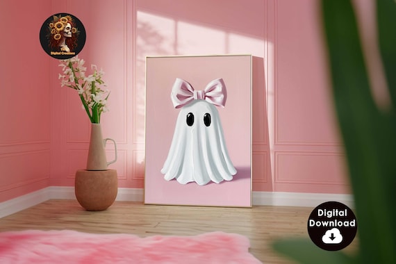 Pink Bow Ghost Wall Art Print, Halloween Decor, Preppy Trendy Printable Art, Coquette Aesthetic, Cute Ghost Painting Girly Print Girls Room