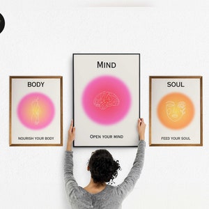 Mind Body Soul Aura Poster 3 Piece Wall Art, Aura Energy Spiritual Gradient Set of 3 Prints, Y2K Aesthetic Room Decor Spiritual Zen Wall Art