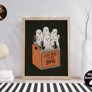 Here for the Boos プリント かわいいハロウィン ウォールアート ポスター ハロウィン 引用句 装飾 面白い レトロ ゴースト バー カート 装飾 プリント デジタル ダウンロード 1 プリント