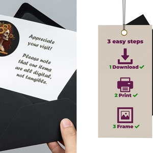 May include: A digital download printable art print featuring a skull with sunflowers. The text on the card reads "Digital Creations" and "Appreciate your visit! Please note that our items are all digital, not tangible." The card also includes instructions for downloading, printing, and framing the artwork.