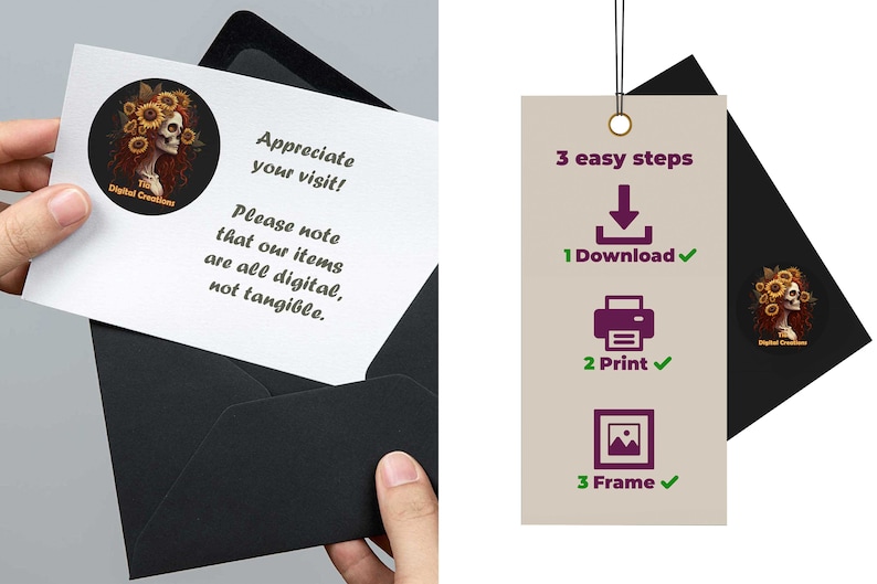 May include: A digital download printable art print featuring a skull with sunflowers. The text on the card reads "Digital Creations" and "Appreciate your visit! Please note that our items are all digital, not tangible." The card also includes instructions for downloading, printing, and framing the artwork.