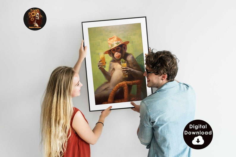 May include: A framed painting of a monkey wearing a straw hat and holding two glasses of juice. The monkey is sitting in a wicker chair against a green background.