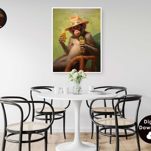 May include: A monkey wearing a straw hat and sunglasses sits in a wicker chair, holding two glasses of orange juice. The monkey is surrounded by green foliage.
