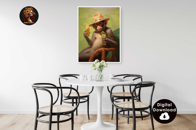 May include: A monkey wearing a straw hat and sunglasses sits in a wicker chair, holding two glasses of orange juice. The monkey is surrounded by green foliage.