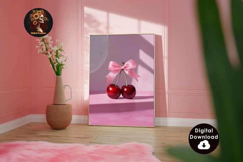 Cherry Wall Art Print, Printable Feminine Poster, Coquette Pink Bow Soft Girl Bedroom Decor, Trendy Wall Art, Preppy College Apartment Print