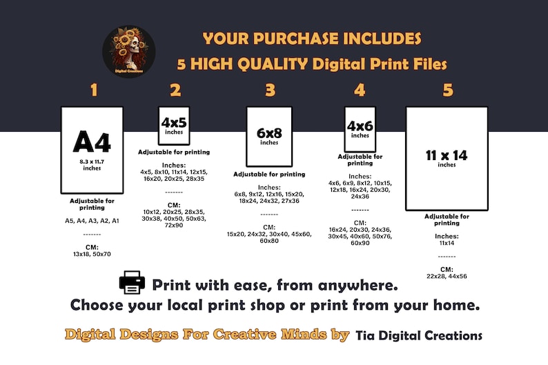 May include: A graphic showing five different sizes of printable digital files. The sizes are A4, 4x5 inches, 6x8 inches, 4x6 inches, and 11x14 inches. The text "Your Purchase Includes 5 High Quality Digital Print Files" is at the top of the graphic. The text "Print with ease, from anywhere. Choose your local print shop or print from your home." is at the bottom of the graphic. The text "Digital Designs For Creative Minds by Tia Digital Creations" is at the bottom of the graphic.