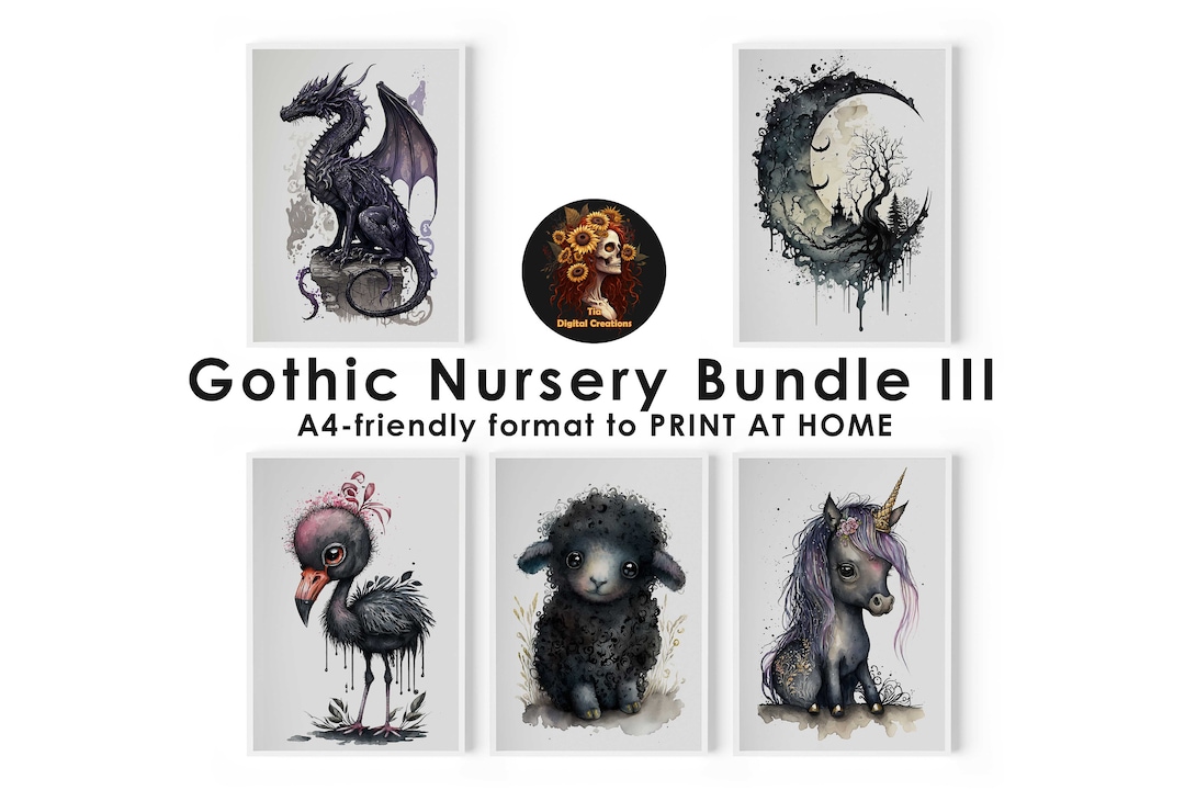 Gothic Nursery Decor Set of 5 Prints. Whimsical Baby Animal Illustrations. Instant Download. - Etsy