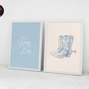 Blue Cowgirl & Cowboy Boot Prints Set of 2. Trendy Nursery Wall Art and Western Digital Download. Howdy Baby Art. Gallery Wall Decor.