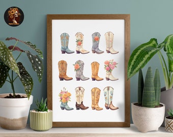 Póster de botas de vaquero coloridas, arte de pared occidental ecléctico, decoración de arte de pared boho, western boho, impresión de vaquero, impresión western vintage, vaquero retro