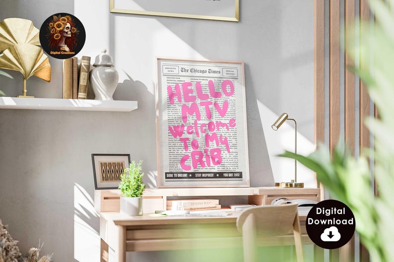 Hi MTV Crib print, trendy 70's wall art, retro newspaper print